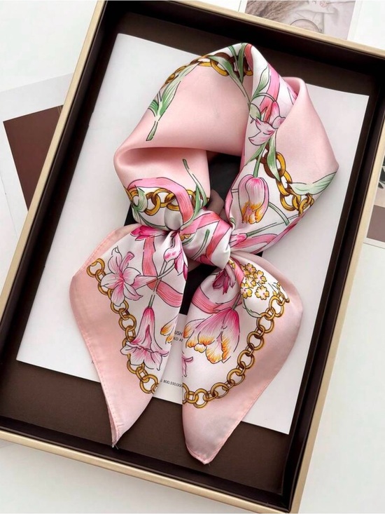Accessories - Elegant Pink Floral and Chain Silk-Like Scarf